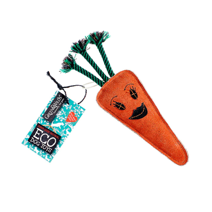 Candice the Carrot, a sustainable and durable dog toy from Green & Wilds. Ideal for indoor and outdoor fun.