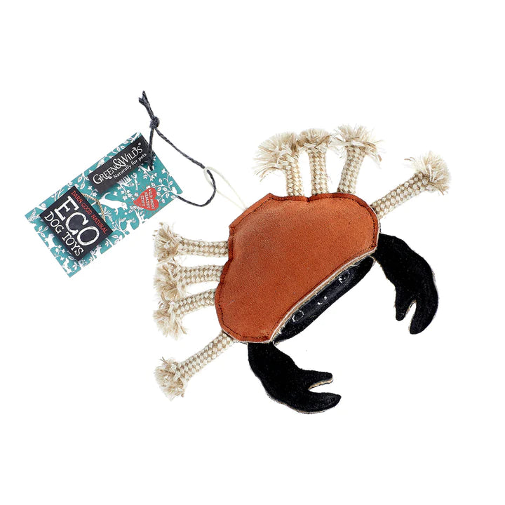 A brown and black, crab-shaped dog toy made from eco-friendly materials. The toy has rope legs and a tag that says 'GREEN&WILD's ECO DOG TOYS'.