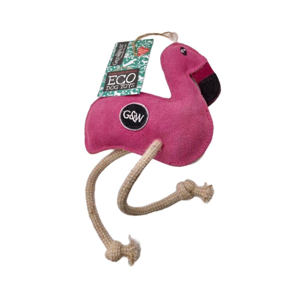 A playful flamingo dog toy made from sustainable materials. Perfect for fetch or tug-of-war.