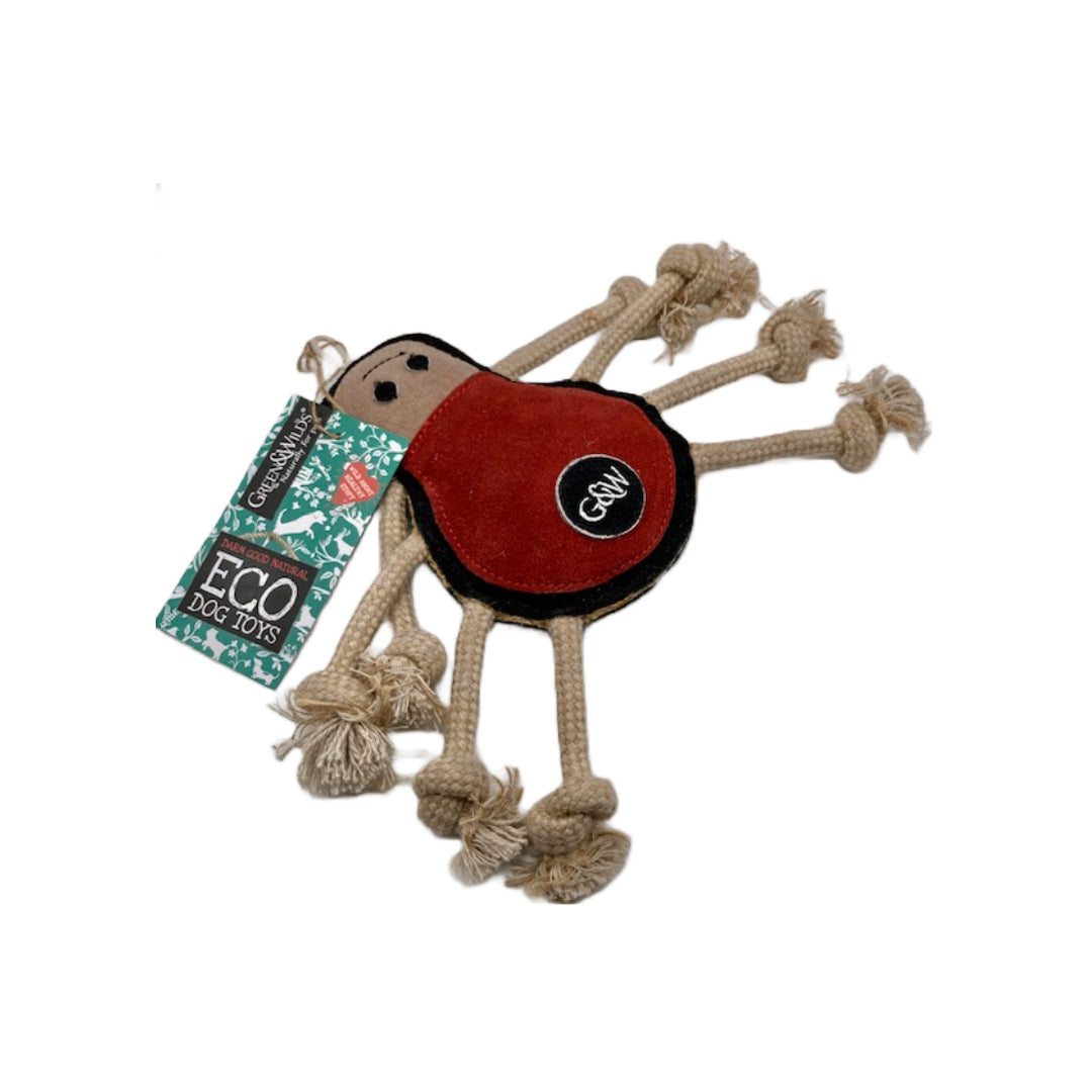 A red and brown eco-friendly dog toy in the shape of a spider. It has a soft body and long, knotted legs.