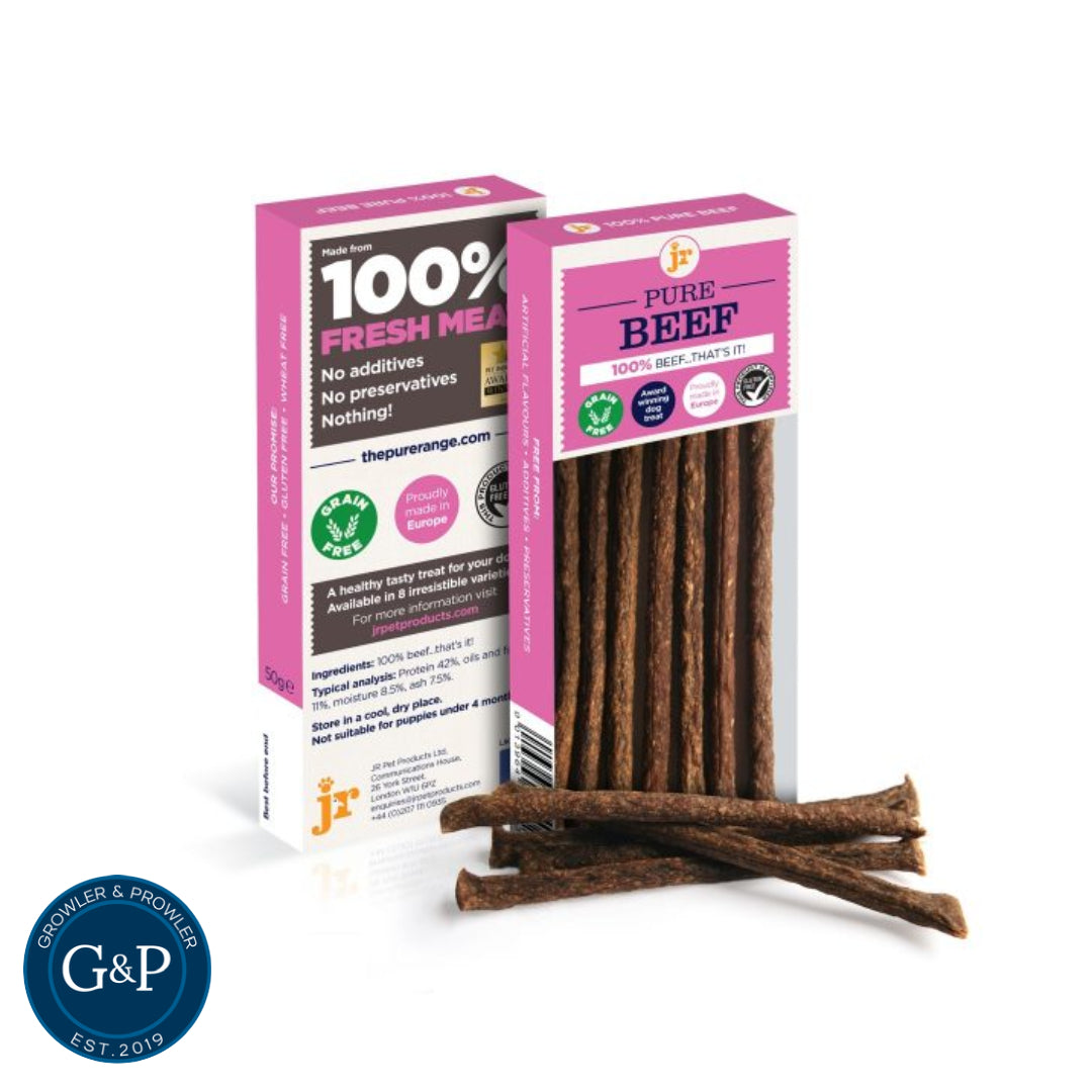 Grain-free dog treats made with 100% fresh beef. The JR Pure Beef Sticks come in two packs and are available in various flavours.