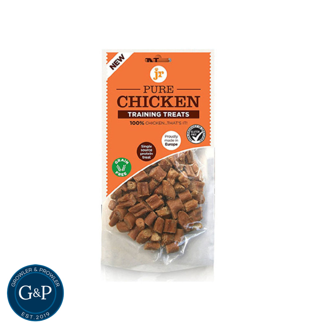 A pouch of JR Pure Chicken Training Treats. These grain-free treats are made with 100% chicken and are proudly made in Europe.