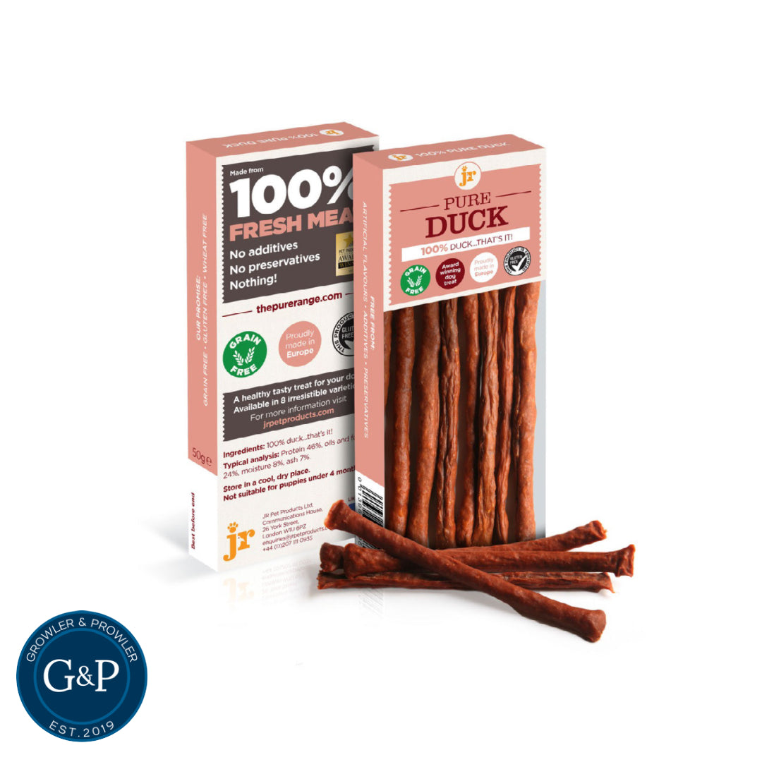 Pure Duck Meat Sticks from Growler & Prowler, a grain-free and preservative-free dog treat made with 100% fresh duck.