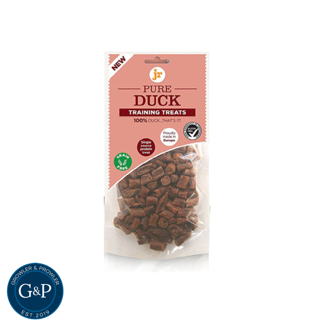 A pouch of JR Pure Duck Training Treats. These grain-free treats are made with 100% duck and are proudly made in Europe.