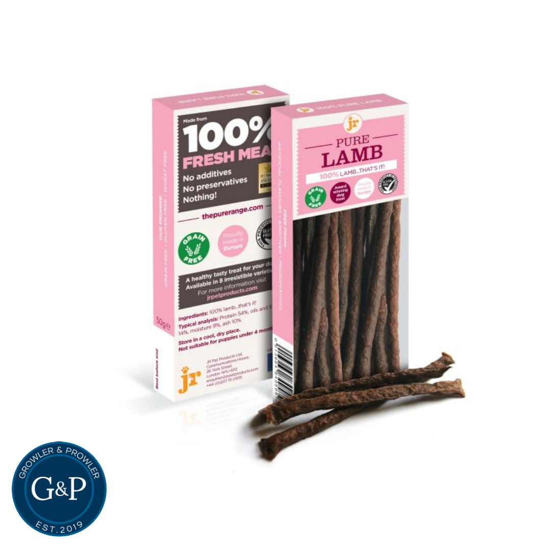 All-natural dog treats: Pure Lamb Meat Sticks from Growler & Prowler, perfect for dogs of all ages.