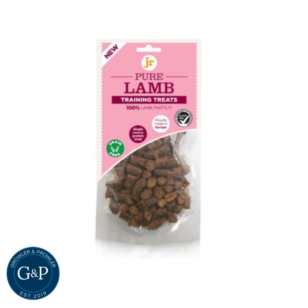 A bag of JR Pure Lamb Training Treats, a healthy and delicious reward for your dog. Made with 100% lamb and proudly produced in Europe.