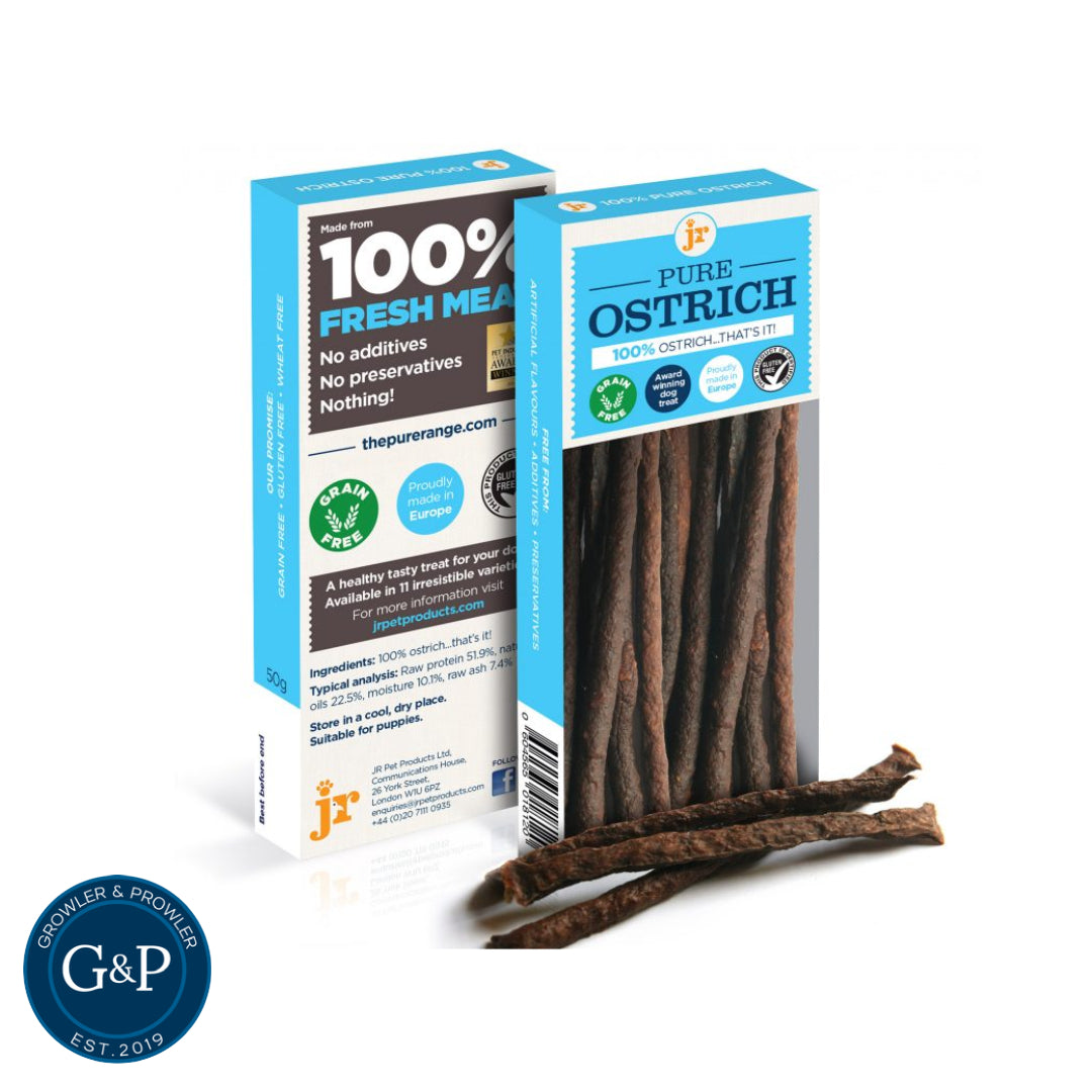 All-natural dog chews: 100% pure ostrich meat sticks, perfect for rewarding your furry friend.