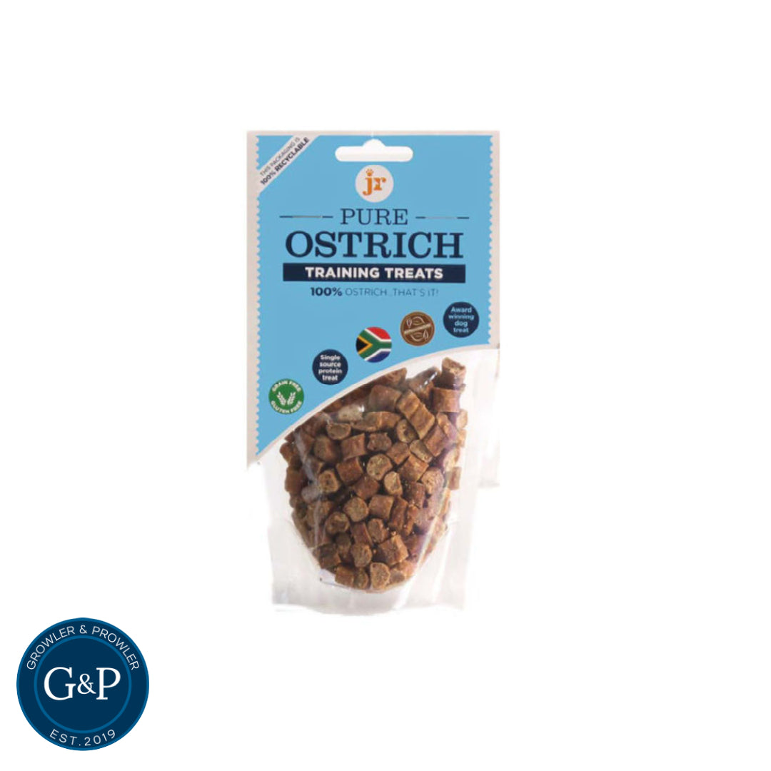 Healthy and natural ostrich meat treats for dogs. Ideal for rewarding good behavior. From Growler & Prowler, a Manchester-based company.