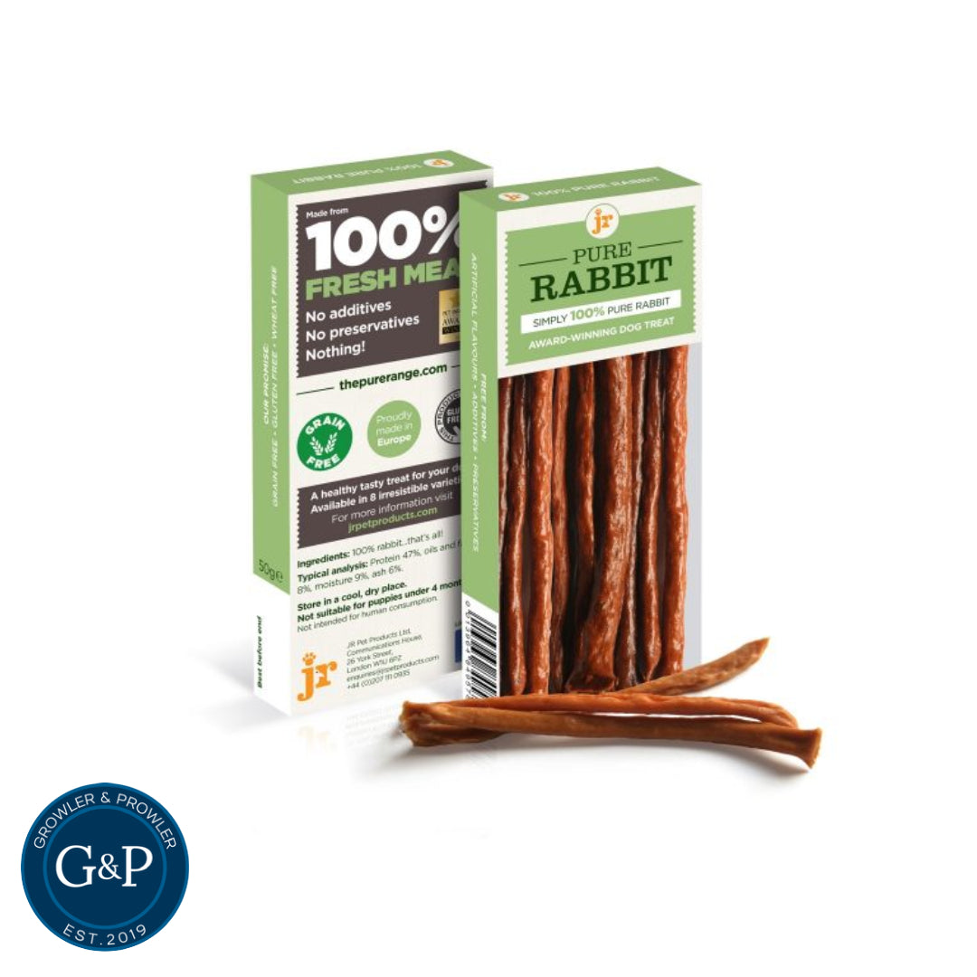 Healthy and tasty dog chews: Pure Rabbit Meat Sticks by Growler & Prowler, a natural treat with no additives or preservatives.