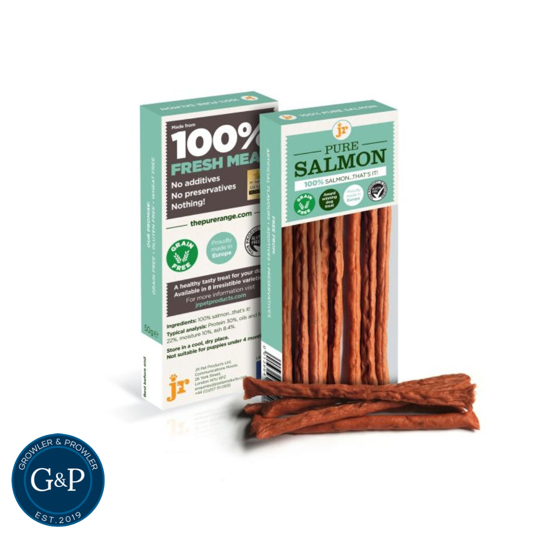 JR Pure Salmon Meat Sticks: 100% fresh salmon dog treats, made in Europe with no additives or preservatives. Grain-free and perfect for training or rewarding your dog.