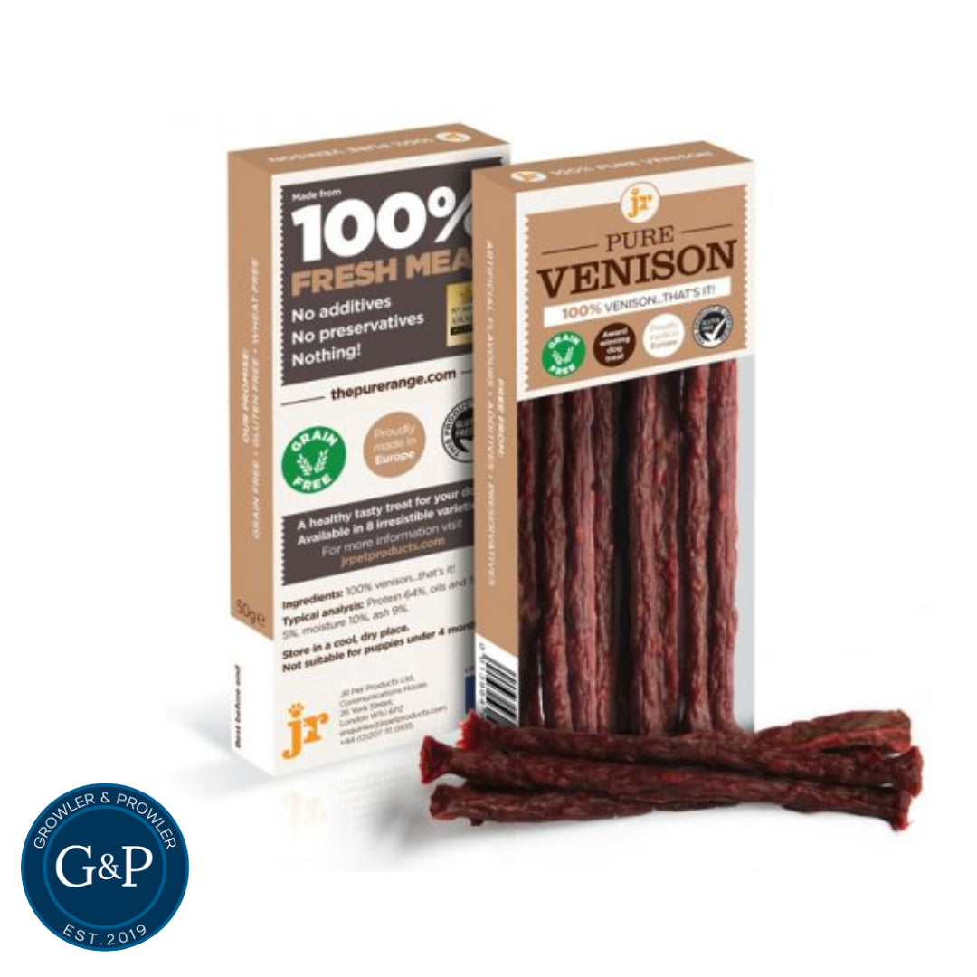 A close-up of JR Pure Venison Sticks, a healthy and natural dog chew made from fresh venison meat. The packaging highlights the product's high protein content and lack of additives.