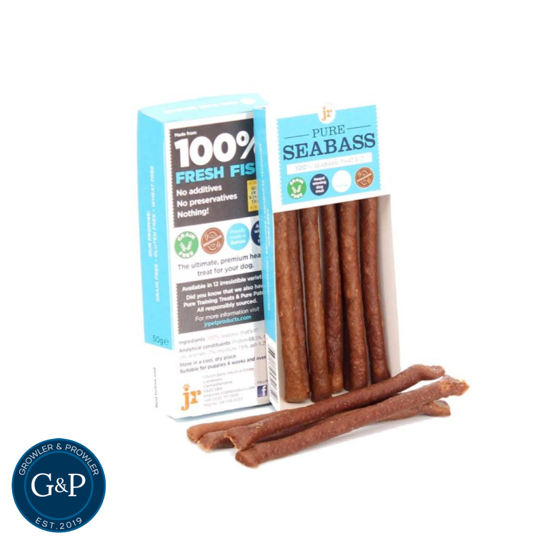 JR Pure Seabass Sticks: 100% fresh seabass dog treats, made in Europe with no additives or preservatives. Grain-free and perfect for training or rewarding your dog.